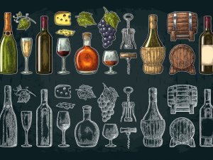 Set drinks made from grapes. Wine, brandy, champagne bottle, glass, barrel, cheese, barrel, bunch of grapes with berry and leaf. Vintage color engraving vector illustration isolated on dark background