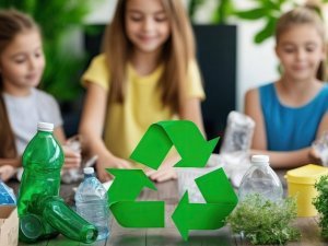 A teacher using visual aids and props to explain recycling concepts, with a group of engaged students learning how to reduce waste at home --ar 3:2 --style raw --profile dumkcov --v 6.1 Job ID: c4d5af73-8999-4618-b166-d30d1db3b693
