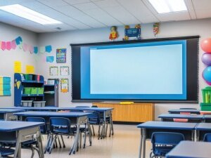 A clean, modern classroom with neatly arranged desks, a large interactive screen, and colorful wall decorations.