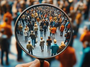 Magnifying glass focusing on diverse crowd