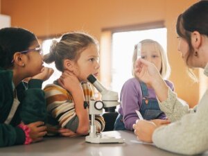 Education, science and test tube with children in classroom for development or learning. Experiment, microscope and sample with teacher speaking to student kids at school for research or study.