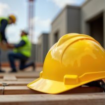 Construction site safety concept. Two construction workers in bright yellow vests, hard hats working. Bright yellow hard hat lies on wooden planks in foreground. Construction workers collaborate