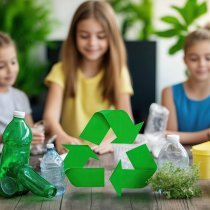 A teacher using visual aids and props to explain recycling concepts, with a group of engaged students learning how to reduce waste at home --ar 3:2 --style raw --profile dumkcov --v 6.1 Job ID: c4d5af73-8999-4618-b166-d30d1db3b693