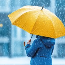 Una persona se encuentra de pie en medio de una intensa lluvia en la ciudad, sosteniendo un paraguas amarillo. La atmósfera es tranquila y melancólica, mientras las gotas caen alrededor.