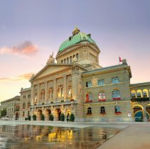 Panoramic view of square with fountain and Swiss Federal Parliament. Bern. Switzerland